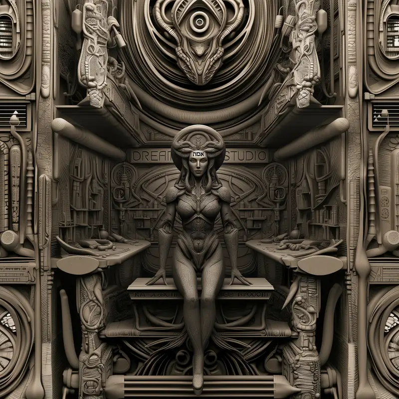 Sepia biomechanical sculpture of a woman seated in a Dreamforge Studio workshop, with tools and gears around her and the Hebrew word אמת on her headband.